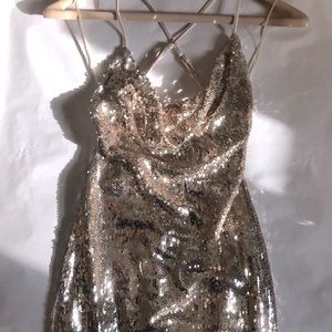 HMS Gold Sequins Cowl Neck Halter Dress